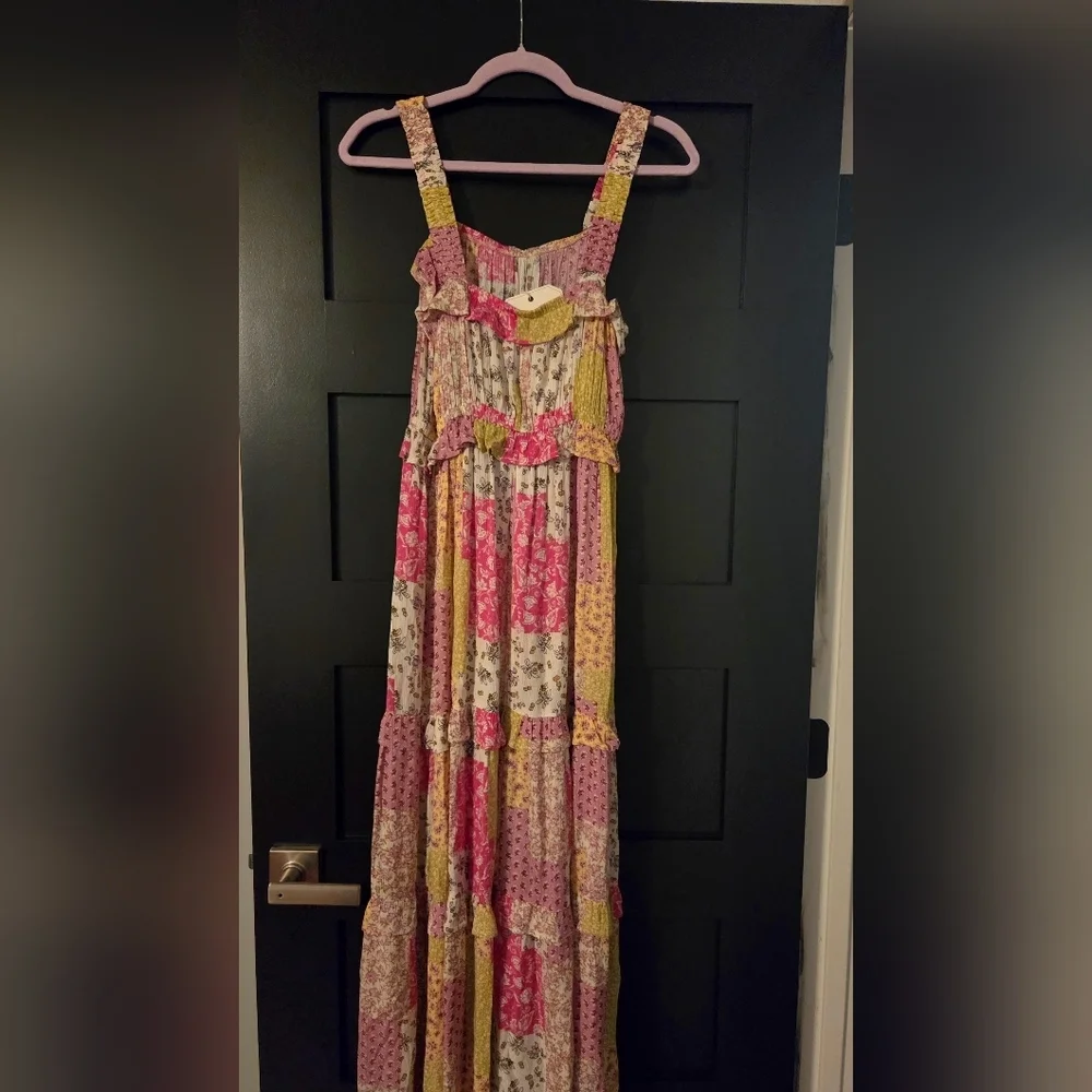 Easel Pink and Lime Ruffled Floral Asymmetrical Tiered Sundress - Picture 6 of 6